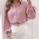 Fashion Solid Lapel Lantern Sleeve Blouse